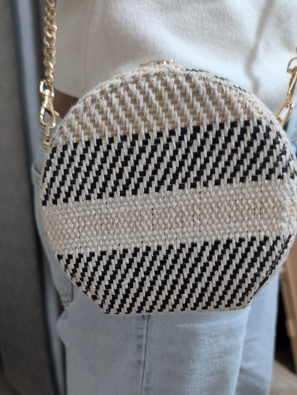 Woven Round Crossbody Bag - Black & Natural